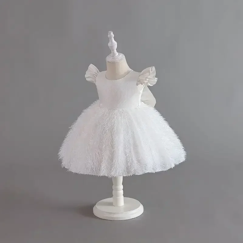 Fashion Baby Girl Feather Princess Tutu Dress Toddler Children Big Bow Vintage Vestido Party Birthday Pageant Ball Gown 2-14Y