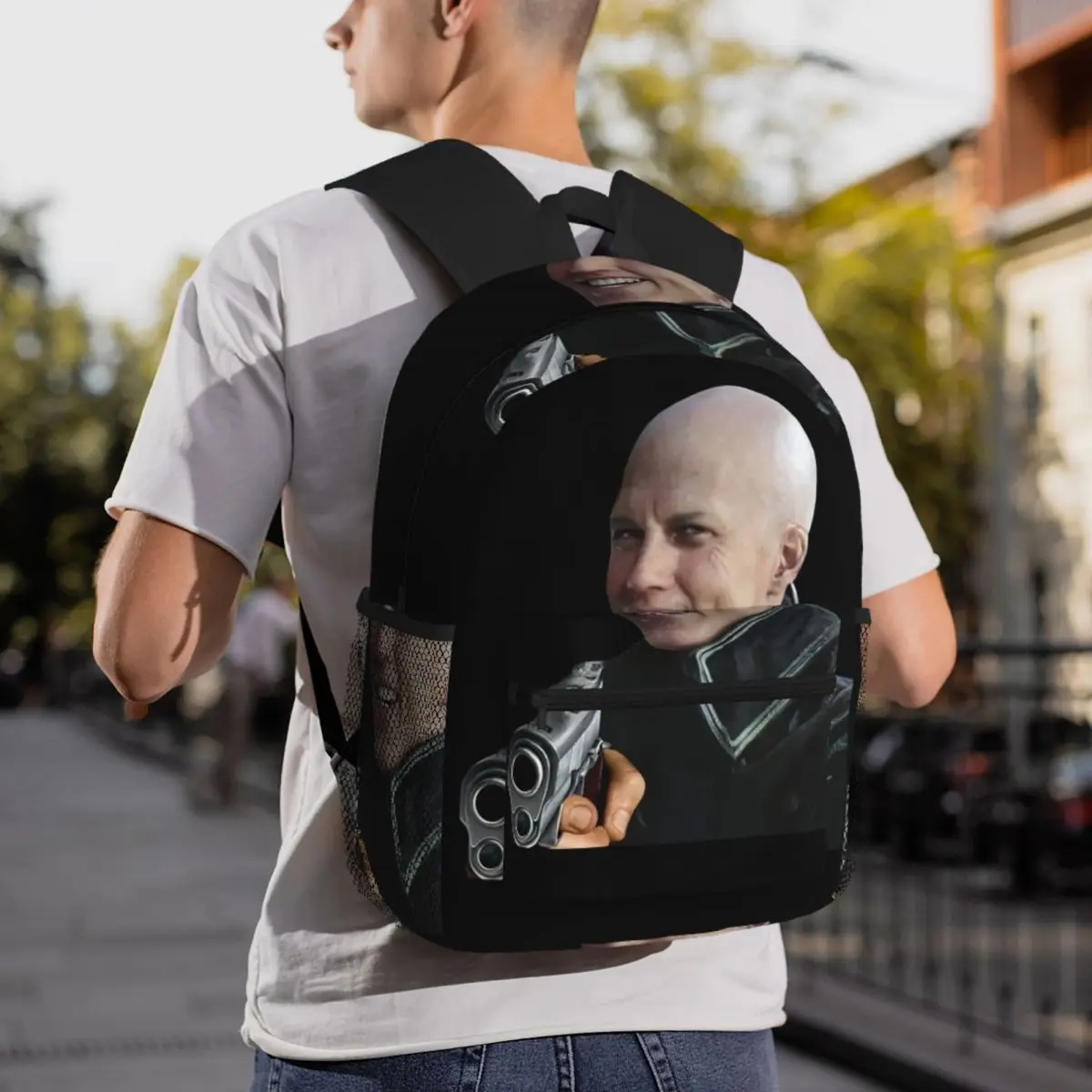 Bald Vergil Pointing A Gun - Blursed Devil May Cry Funny Face Meme Large Capacity Boys Girls BookBag School Bag Shoulder Bags