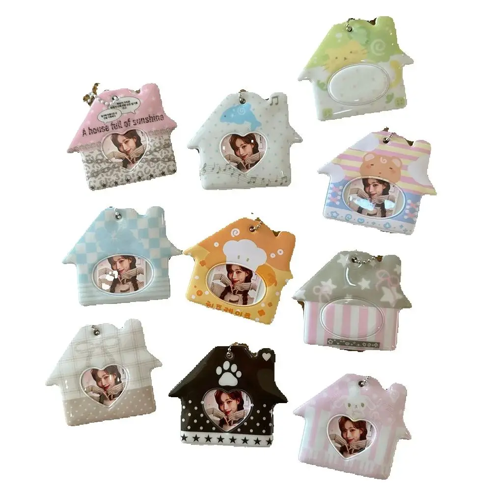 Cute Striped House Shape 2 Inch ID Photo Card Holder, Idol Headshot Photo Storage Pouch Bag Pendant for Students Girls Decor
