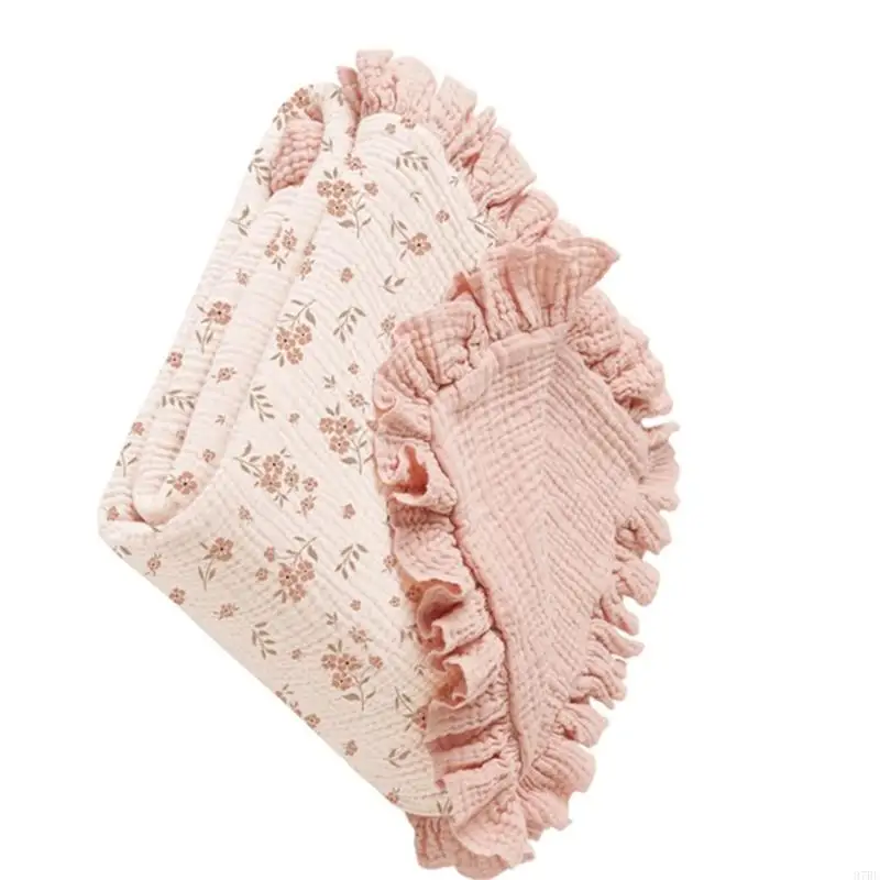 97BE 100x90cm Floral Trim Infant Swaddles Blanket Cotton Fabric for Strollers or Crib