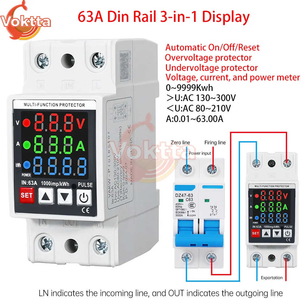 63A Din Rail 3-in-1 Display Adjustable Over Voltage Current and Under Voltage Protective Device Protector Relay Volt Power Meter