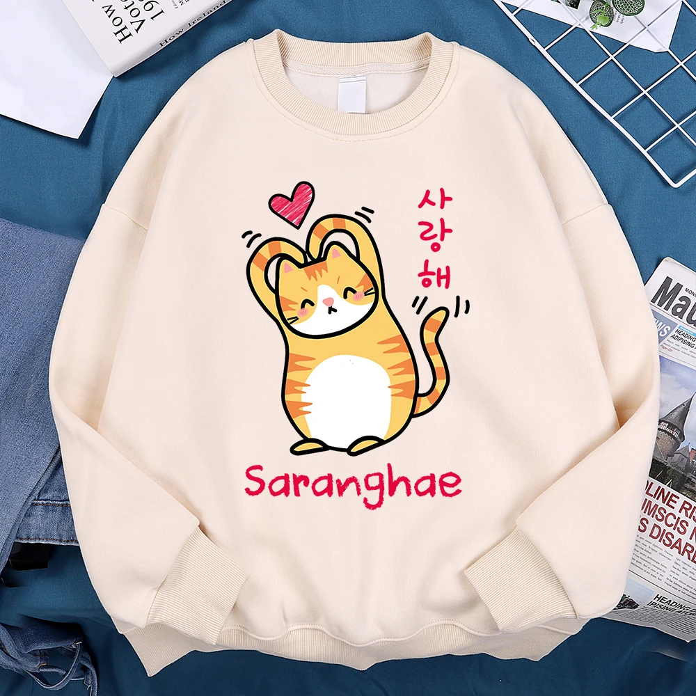 Saranghae Cartoon Cute Refill Kitten Men Women Hoodie Vintage Fleece Sweatshirt Fashion Loose Streetwear Hip Hop Fleece Hoody