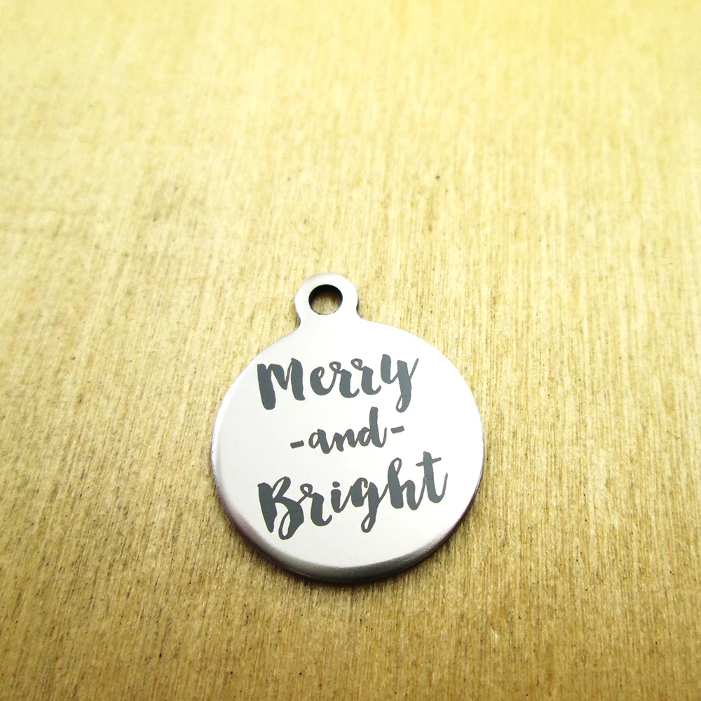 20pcs--merry and bright  stainless steel charms - Laser Engraved - Customized - DIY Charms Pendants