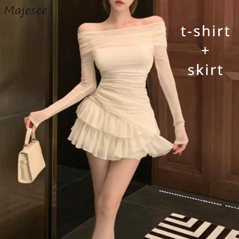 Women Sets High Waist Cake Skirt Irregular Off-shoulder Top Two-piece Gentle Stylish Cozy Sweet Spicy Girls Ulzzang Trendy Ins