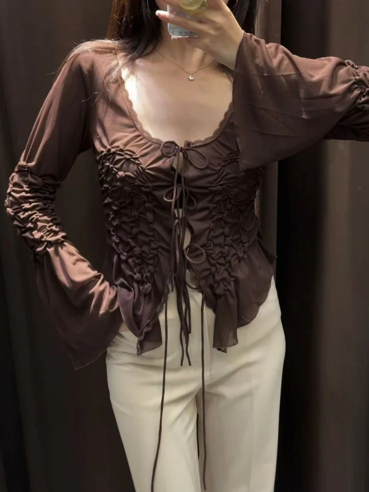 

Faionable Belted Long Sve V-Ne Women's Top Slim Fit Knot Casual Sle Pure Cotton Polyester Blend Summer Autumn