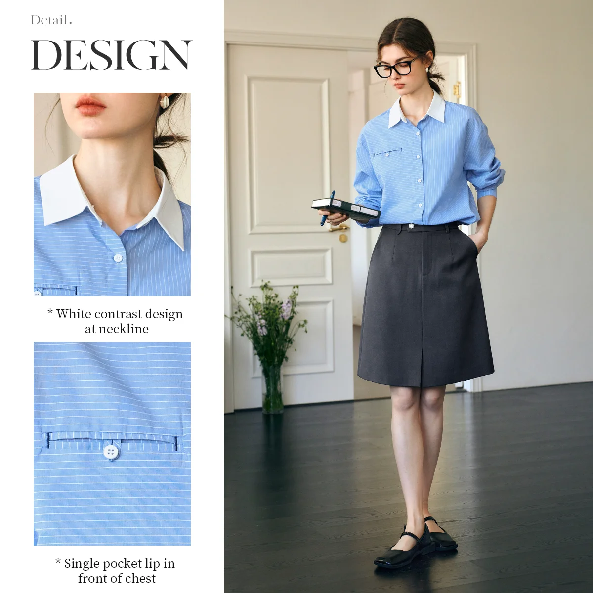 OLrain قمصان طويلة الأكمام 2025 الخريف جديد مخطط بدوره إلى أسفل الرقبة تصميم بلوزة المرأة فضفاضة تناسب بلوزات الإناث غير رسمية N57CC96381 #4