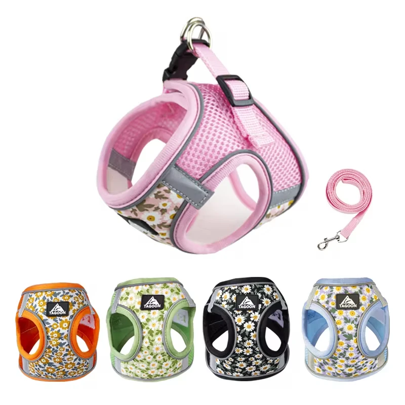 Floral Pet Harness and Leash Set for Cats Small Dogs Reflective Harness Anti Escape Mesh Cat Chest Strap Pet Walking Supplies