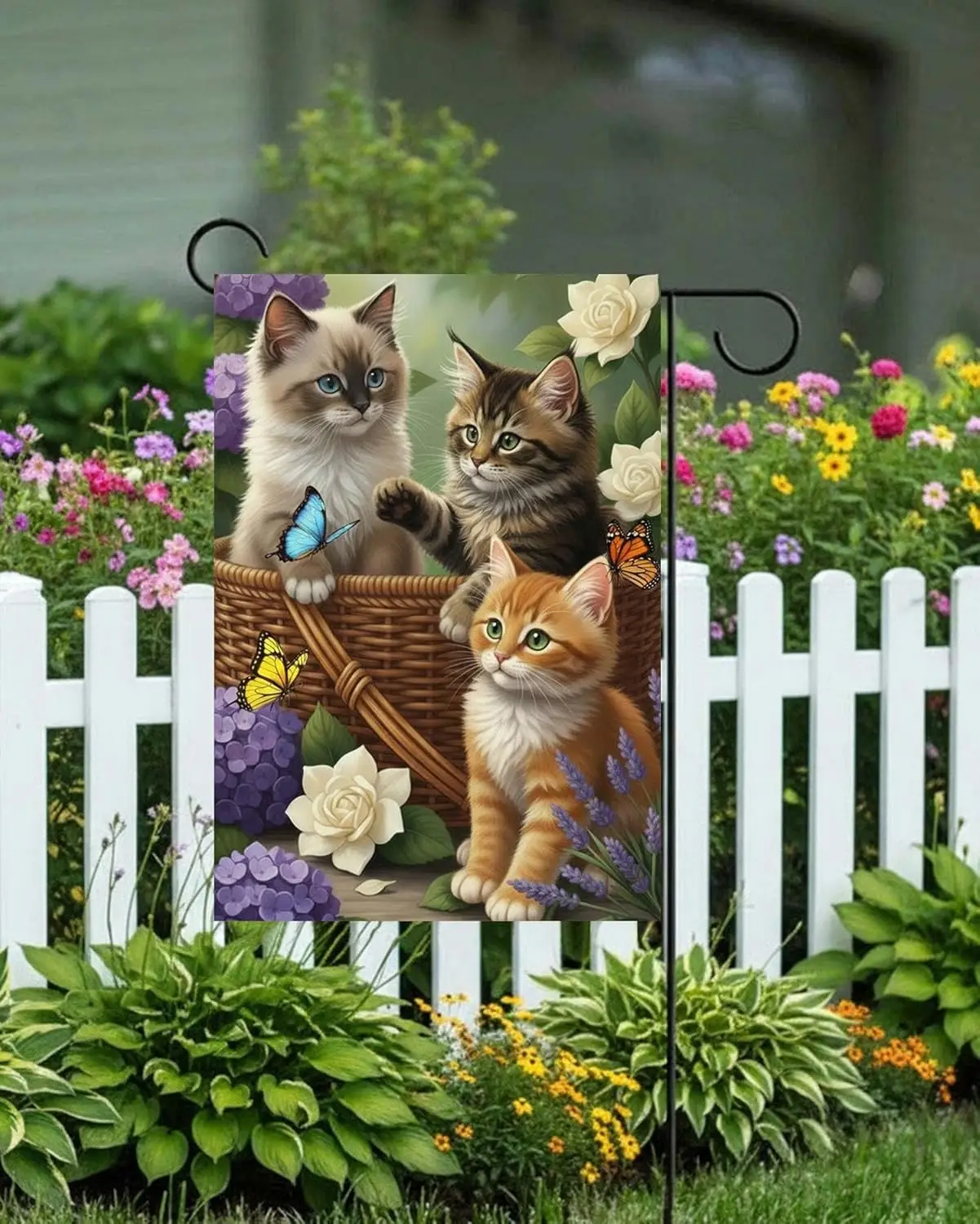 Welcome Friends Cute Cats Kitten Floral Flowers Butterfly Spring Summer Garden Yard Flag 12