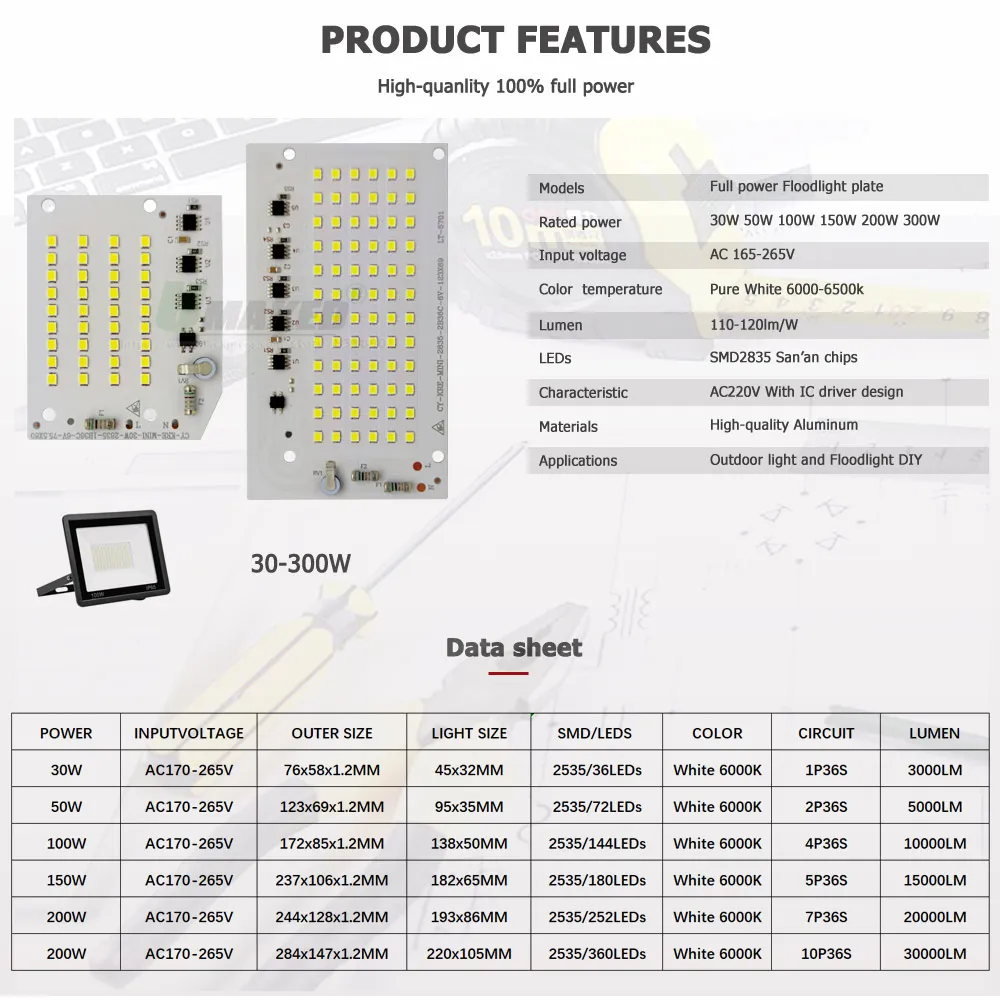 Floodlight Repair LED PCB Plate 30W 50W 100W 150W 200W 300W AC220V SMD2835 Light Source Panel For Outdoor Lamp Replace DIY Kits