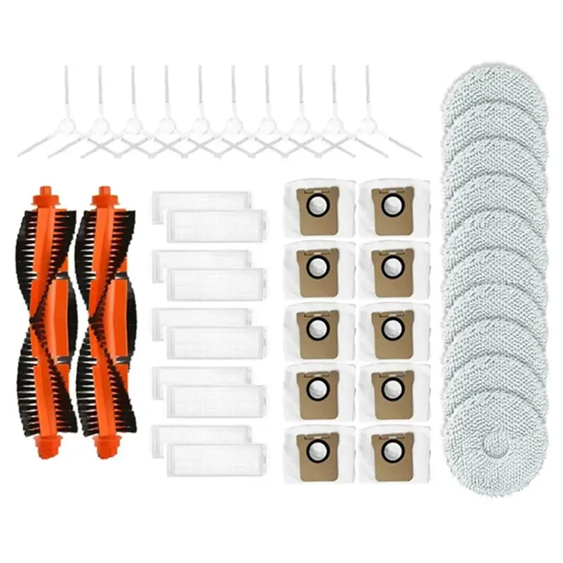 

Запчасти для робота-пылесоса Xiaomi Mijia M30 Pro: основная и боковые щетки, HEPA-фильтр, салфетка для влажной уборки, мешок для сбора пыли, аксессуары.