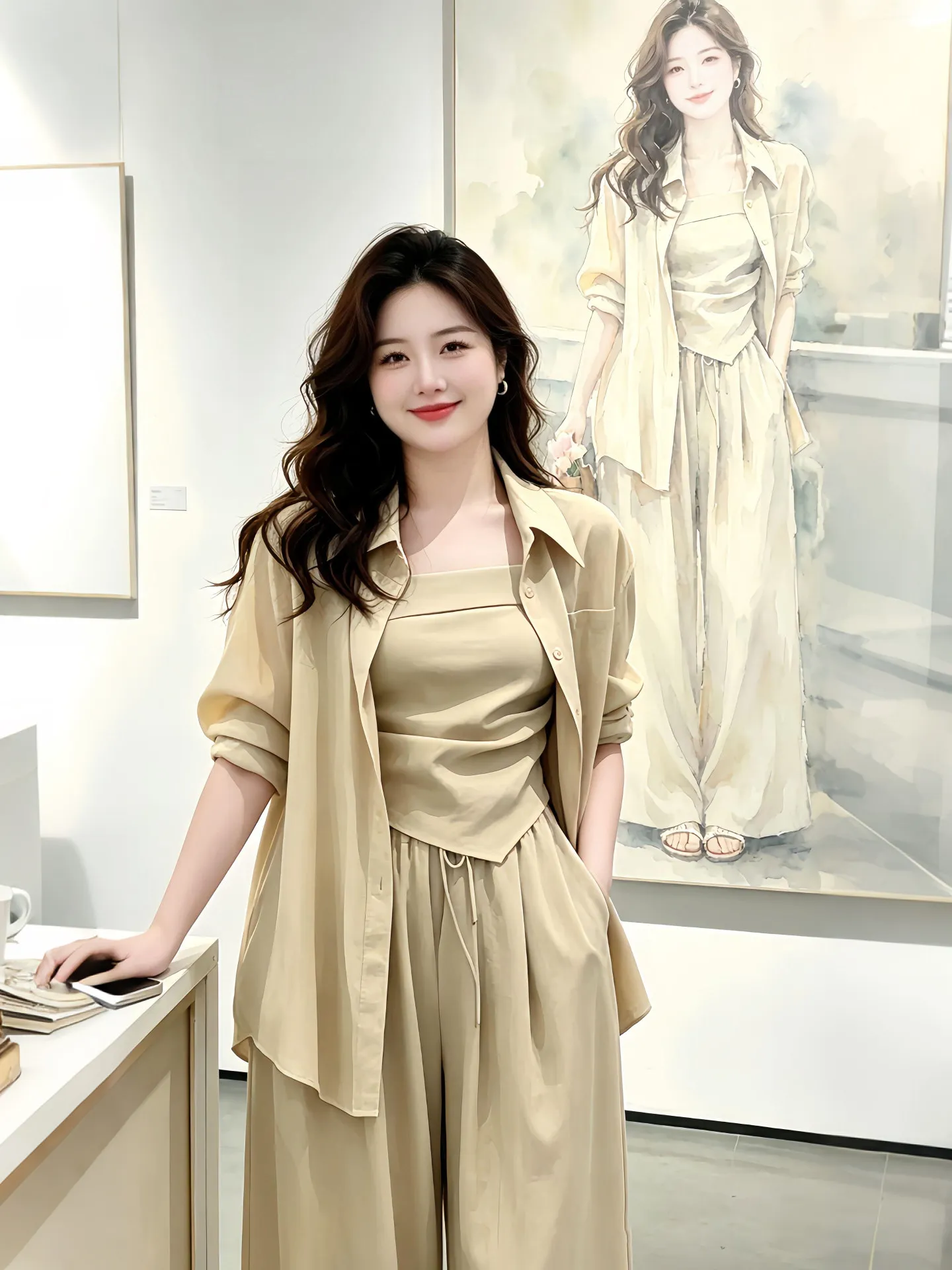 

Lightweight Breathable Loose Sun Protection Shirt Vest Set High Waist Wide Leg Pants Three Piece Suite Casual Commute Style