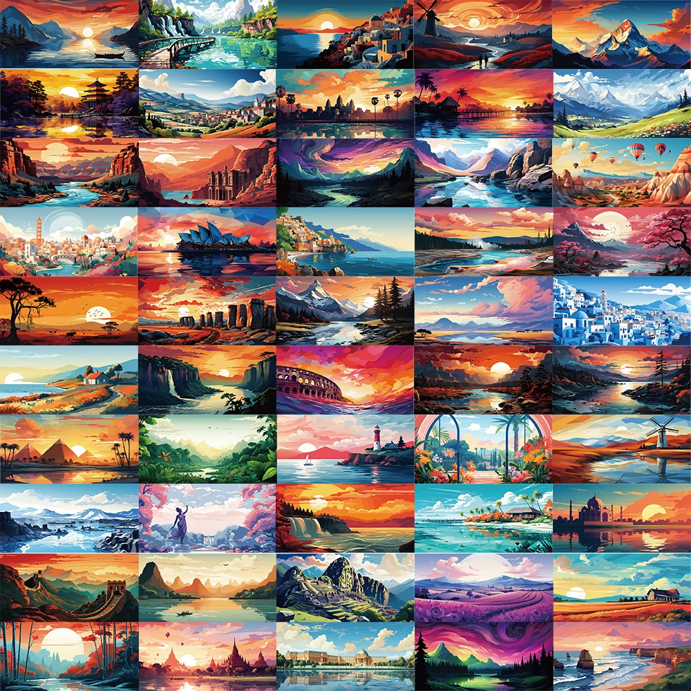 50Pcs Art Minimalist Sunset Landscape Illustrations Graffiti Stickers Mountain Sea Waterproof PVC Decoration Laptop Luggage