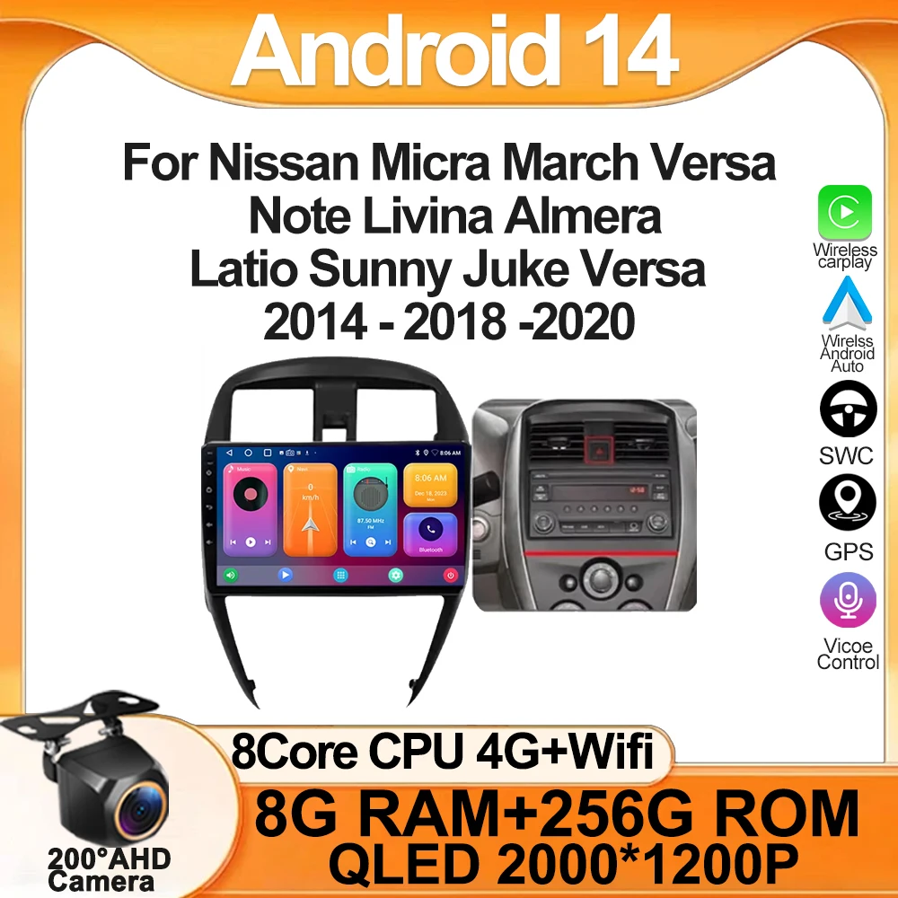 Android 14 For Nissan Micra March Versa Note Livina Almera Latio Sunny Juke Versa 2014 - 2018 -2020 Auto Radio GPS Navigation