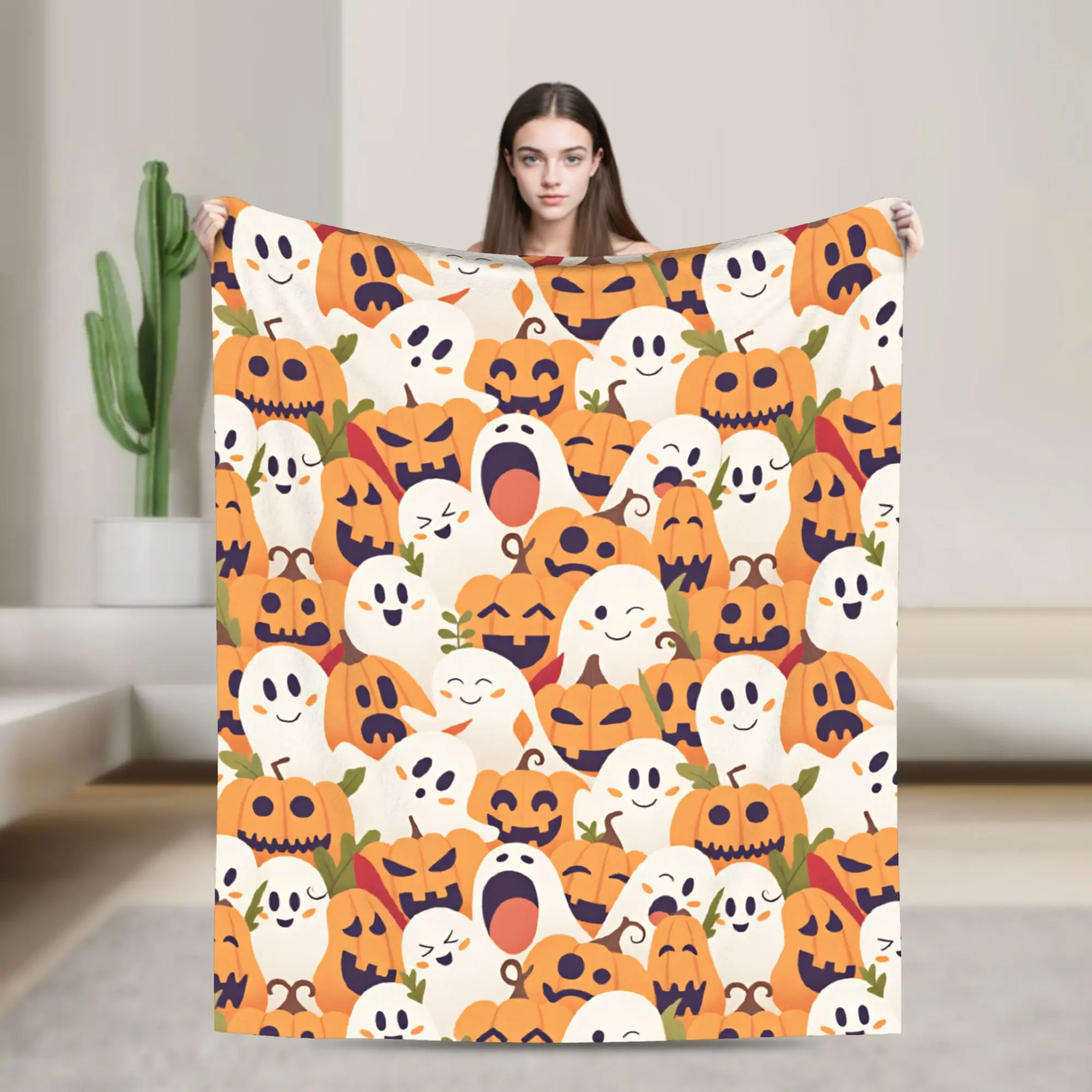 Cute Halloween Pumpkin Ghost Seamless Pattern Warm Comfy Blankets  Print Travel Office Throw Blanket Bedspread Sofa Bed Cover