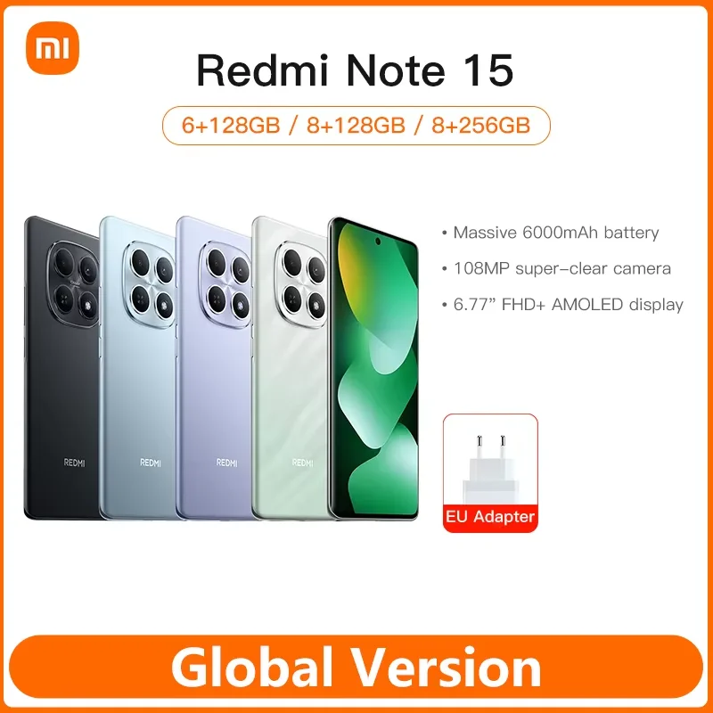 Xiaomi Mobile Phones Redmi Note 15 Global Version MTK Helio G100-Ultra 6.77" AMOLED display 108MP camera 6000mAh Smartphone
