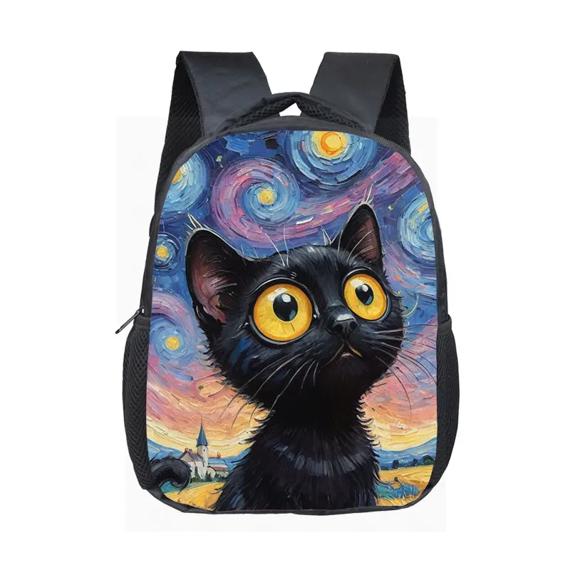 12 Inches Cartoon Black Cat in Van Gogh Painting Backpacks The Starry Night School Bags Bookbags Kindergarten Toddler Bag Gift