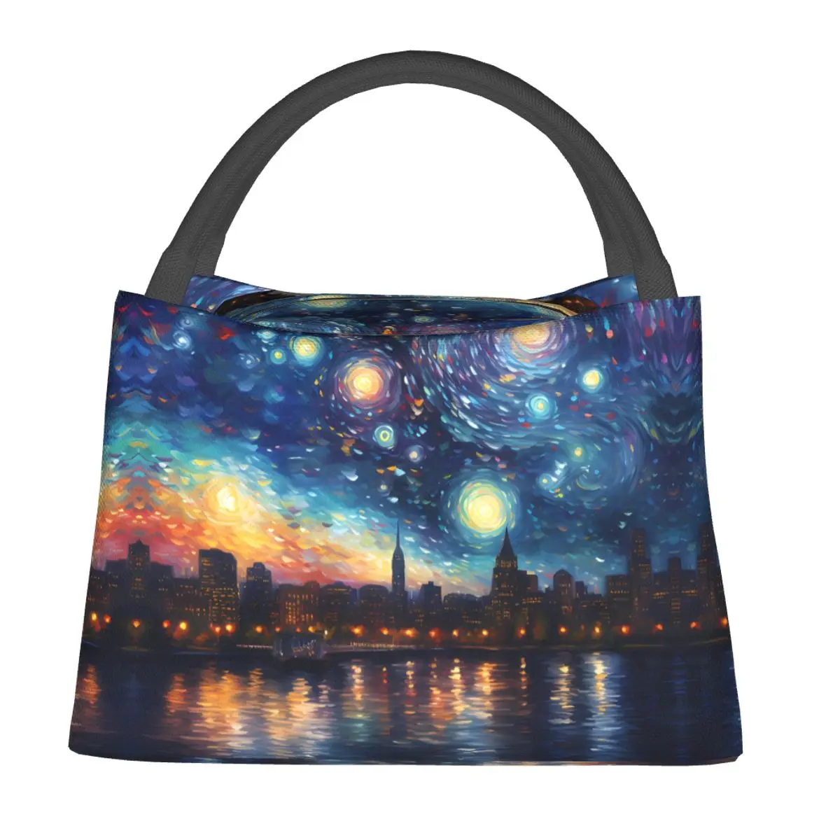 Starry Night Print Lunch Bag Boston Skyline Aesthetic Lunch Box For Women Picnic Portable Zipper Cooler Bag Print Tote Food Bags