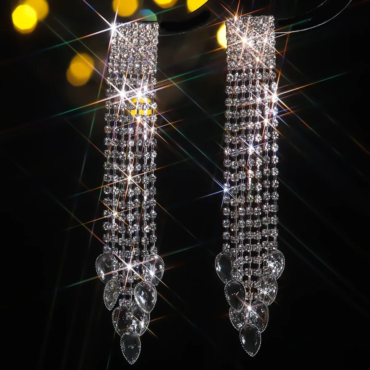 High-end luxury full diamond super flash long fringed earrings women, light luxury versatile crystal stud earrings