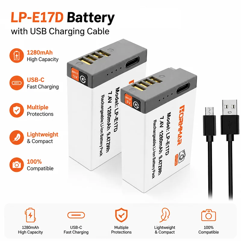 LP-E17D Battery 1280mAh USB-C Direct Charging for Canon LP-E17 EOS R50 R10 R8 M50 M6 Mark II 200D Camera Lithium Spare Battery