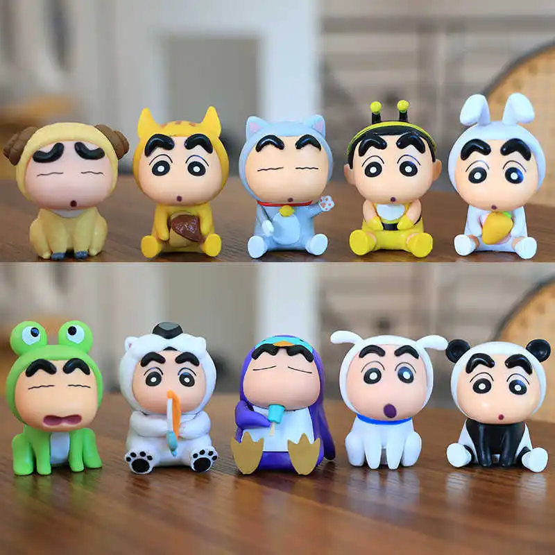 10pcs Set Crayon Shin-Chan Anime Figure Fishing Puppy Kawaii Q Version Mini Decor Figurines Collectibles Toys Holiday Gifts