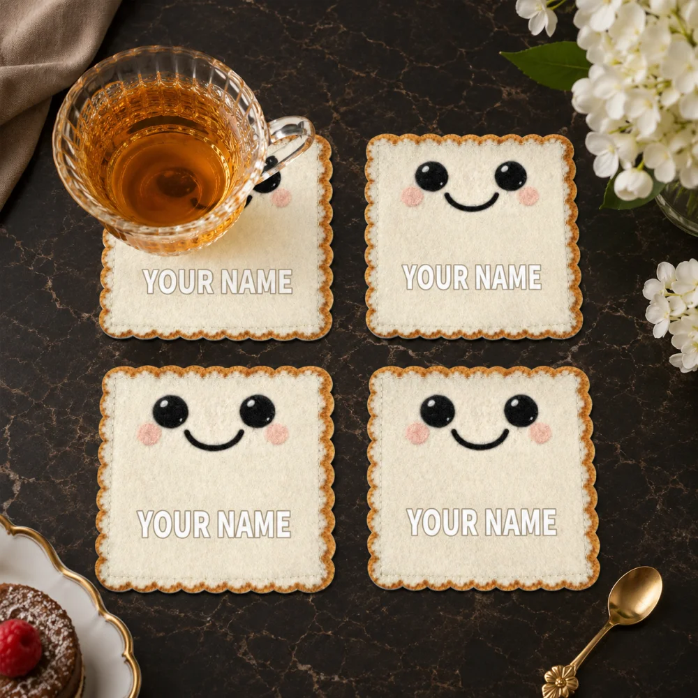 Personalized Custom Name Felt Cup Mat 4Pcs Cute Smiley Toast Bread Coaster Non‑slip Home Table Ornament Gift 10cm