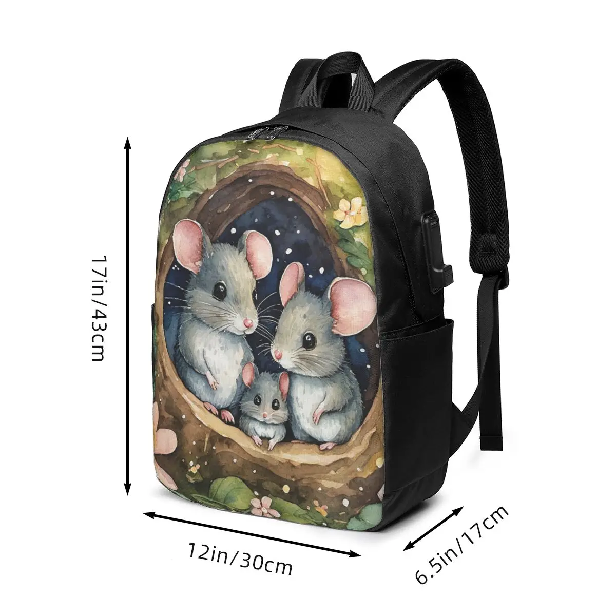 Mouse Flower Tree Hole Oil Painting Backpack Travel Notebook Bag Computer College Student School Bag Laptop Shoulder Bags