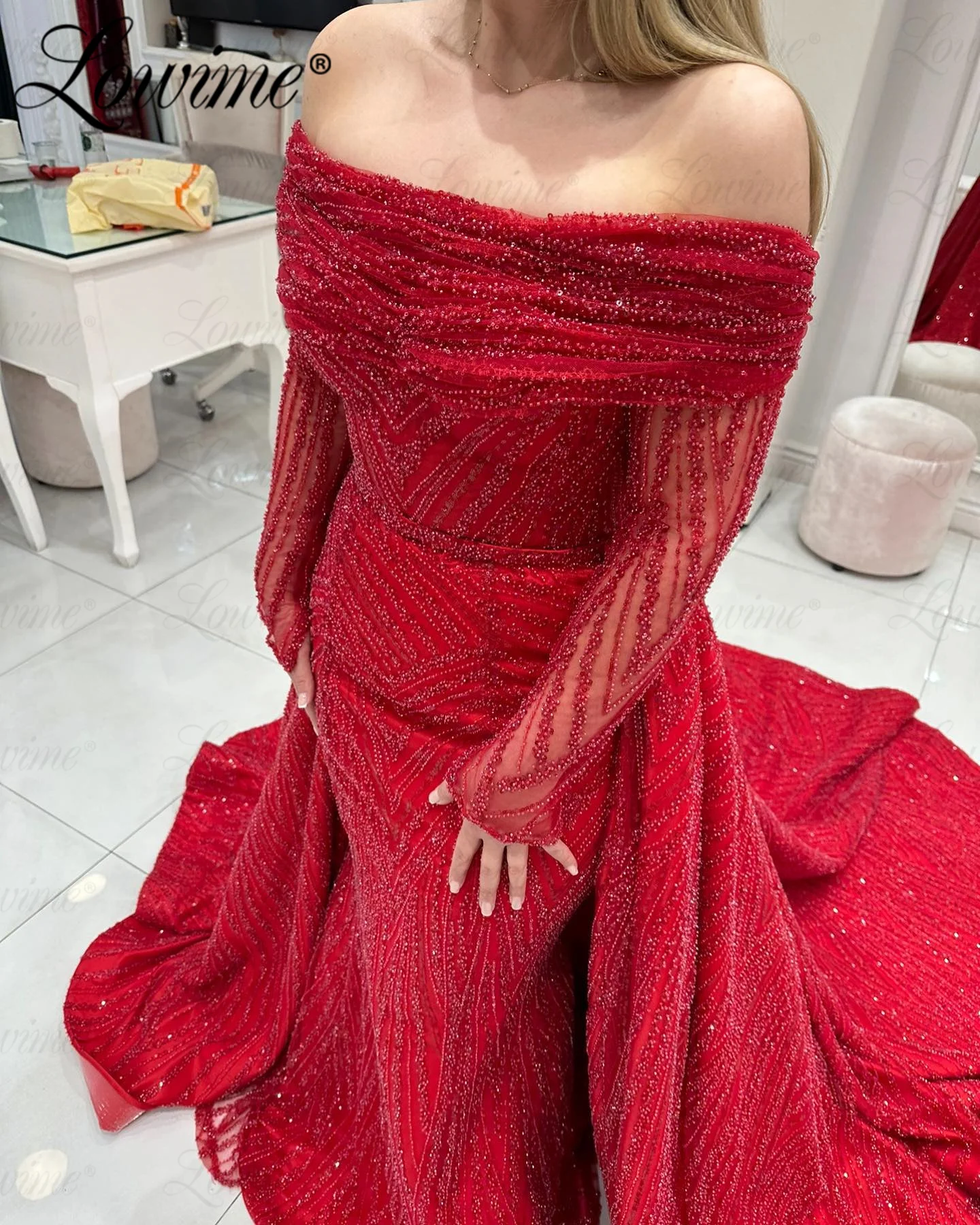 Robes De Soirée 2 IN 1 Red Beaded Prom Dresses For Wedding Annversary 2024 Abendkleider Evening Dress With Detachable Train Robe