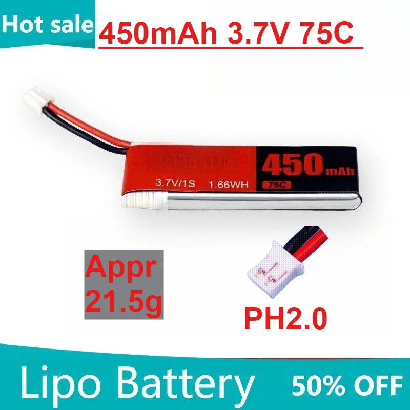 

450mAh 1S 3.7V 75C LiPo Battery For RC Helicopter Quadcopter FPV Racing Drone
