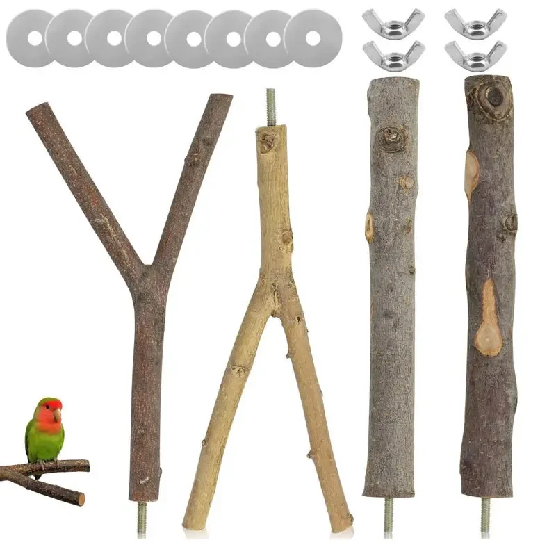 4PCS Bird habitat, original wood, tree branches, standing rods, standing rods, bird cages, supplies, parrot toys, bird toy sets