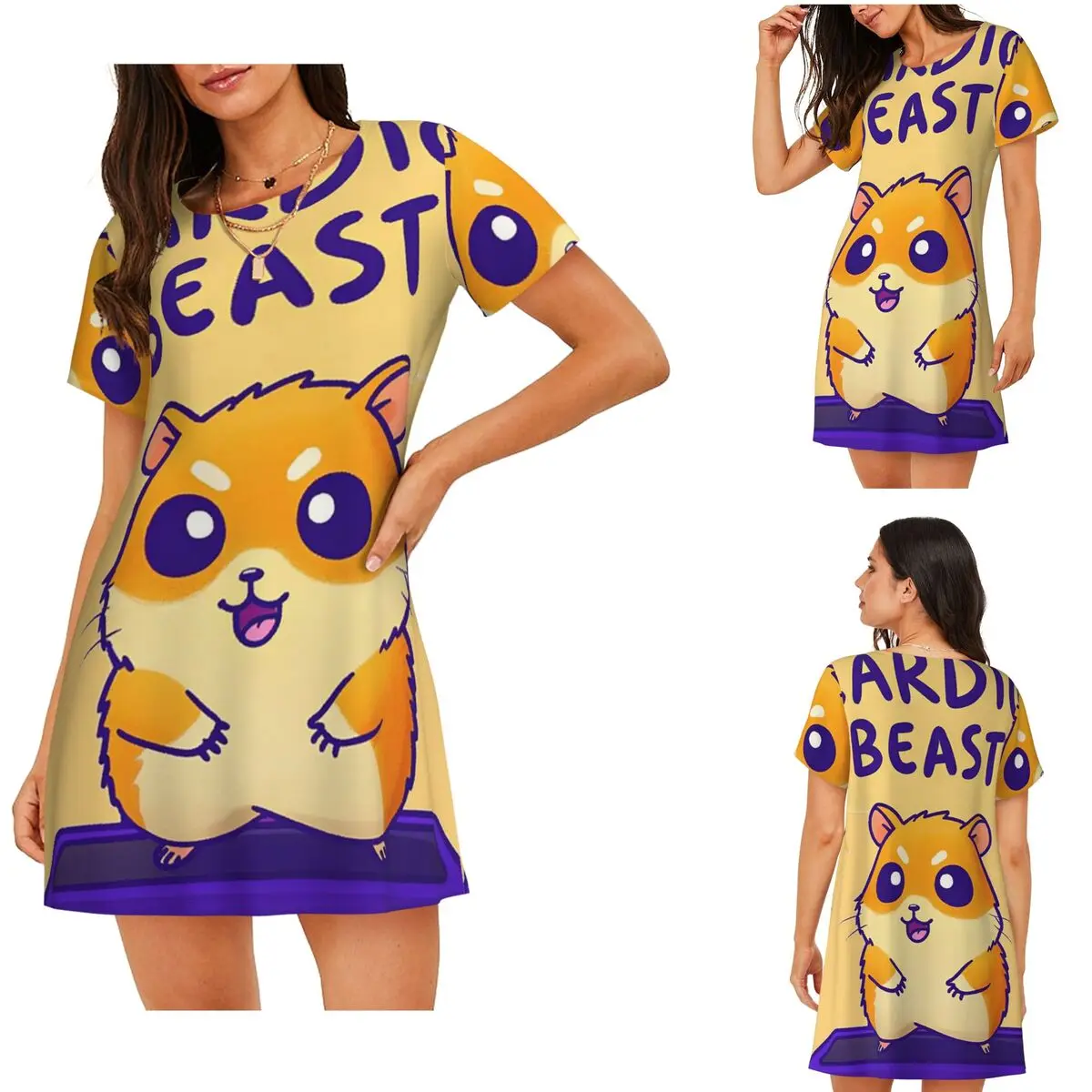 Custom Cardio Beast Hamster Workout Sticker Short Sleeves Nightdress For Sleeping Women Short Sleeve Nightgowns Pajama Dress