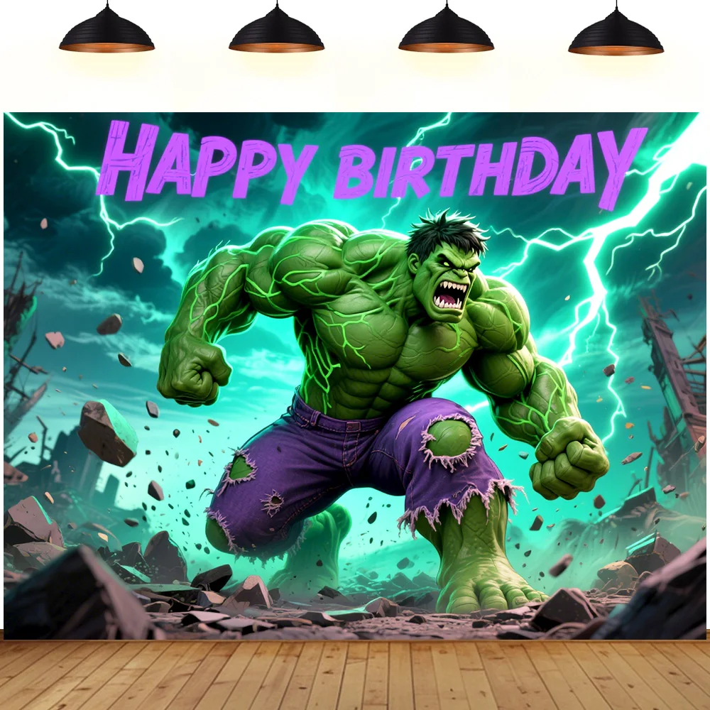 Fondo de fiesta de cumpleaños con tema de Hulk, puño verde violeta, relámpago, regalo de cumpleaños para niños y adultos, telón de fondo para fotografía