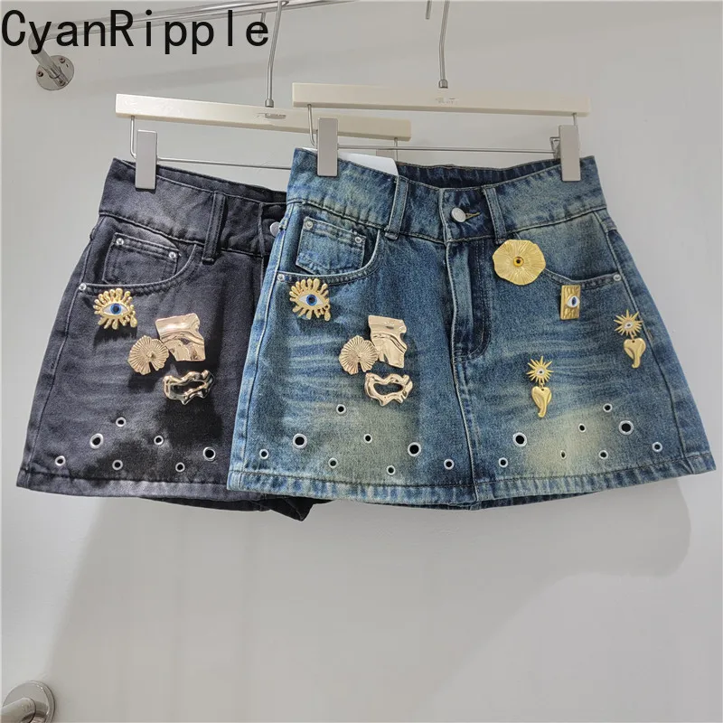 Fashion Metal Decoration American Retro Hollow Out Women Denim Skirt New Spring Summer Hot Girls Short A-line Hug Hips Skirts