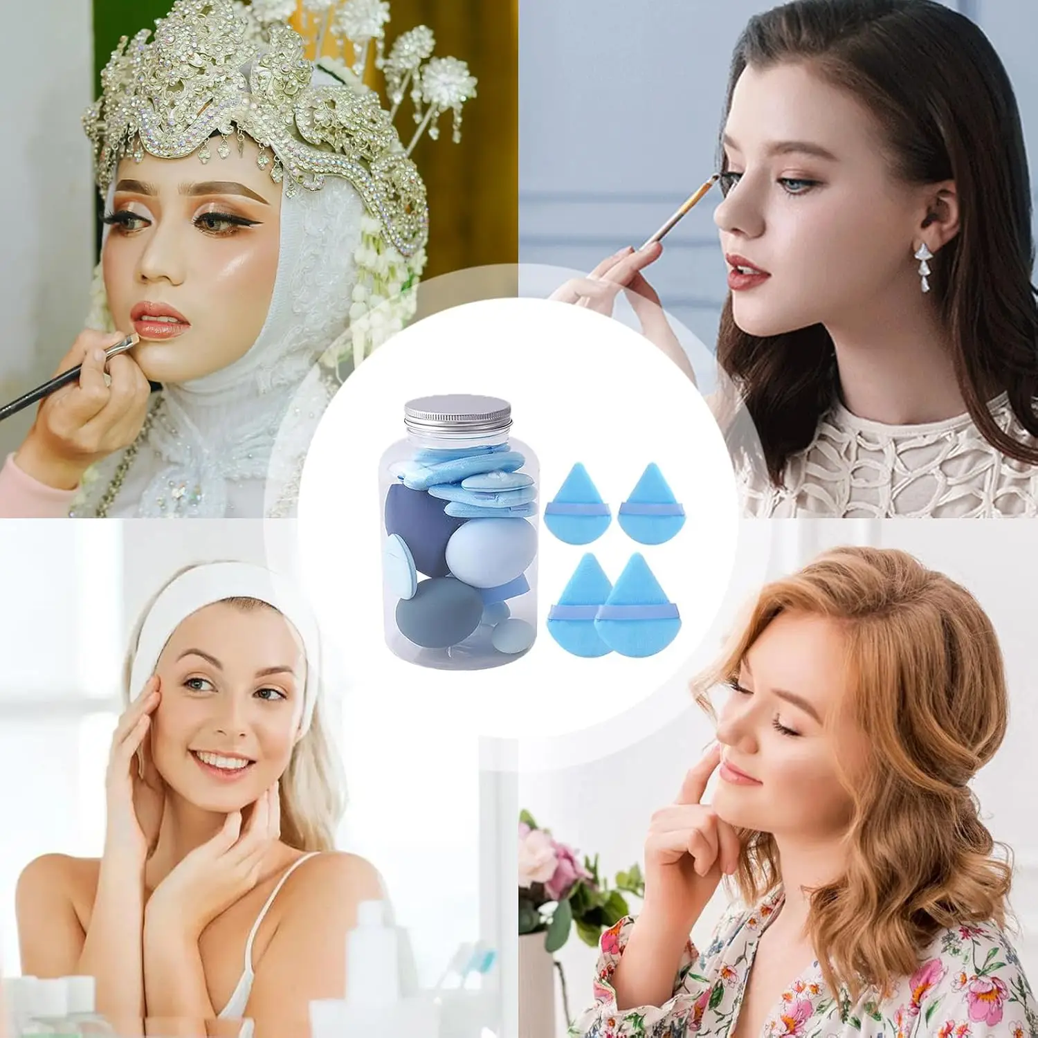 14個入り ハイブリッドメイクアップスポンジ＆パウダーパフセット - 親水性ラテックスフリーファンデーション＆ルースパウダー |   ビーガンオイルフリービューティーツール