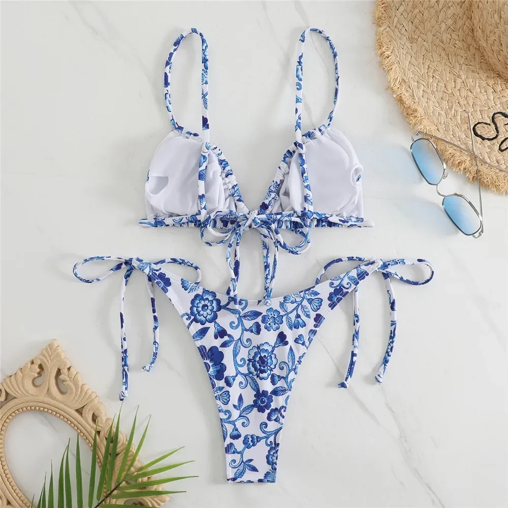 Sexy Floral Print Micro Thong Swimsuit Women String Lace-up Triangle Bikinis Set Mujer Swimwear Bathing Suit Biquinis Bikini