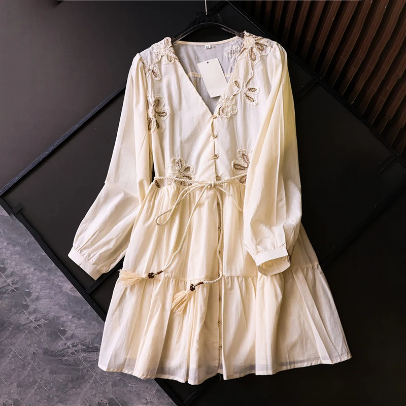 Flower Embroidery V-neck Short Dress Women Autumn Prairie Chic Long Sleeve Lace-up Loose Mini Dresses Female Elegant Party Dress