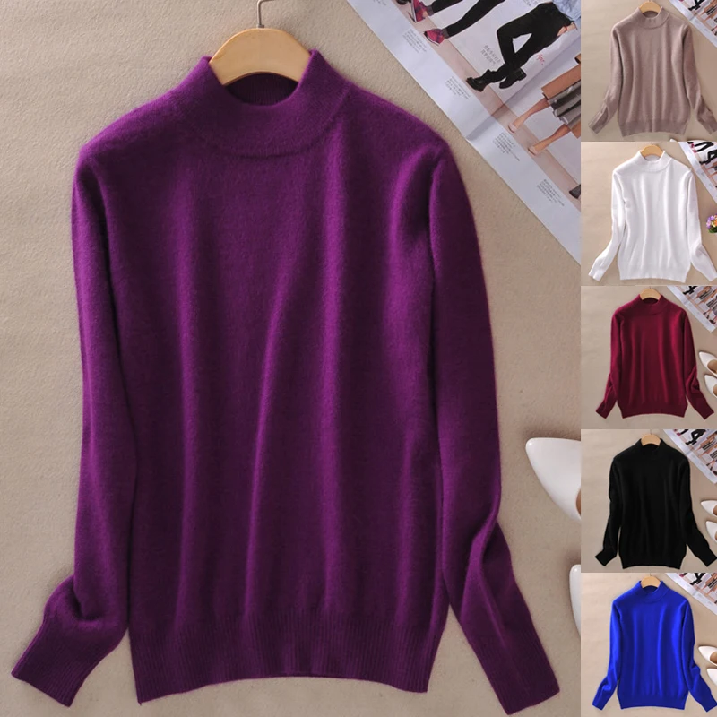 

2025 Women Winter Spring Warm Solid Knitted Soft Cashmere Wool Blend Slim Pullover Jumper Sweater Top