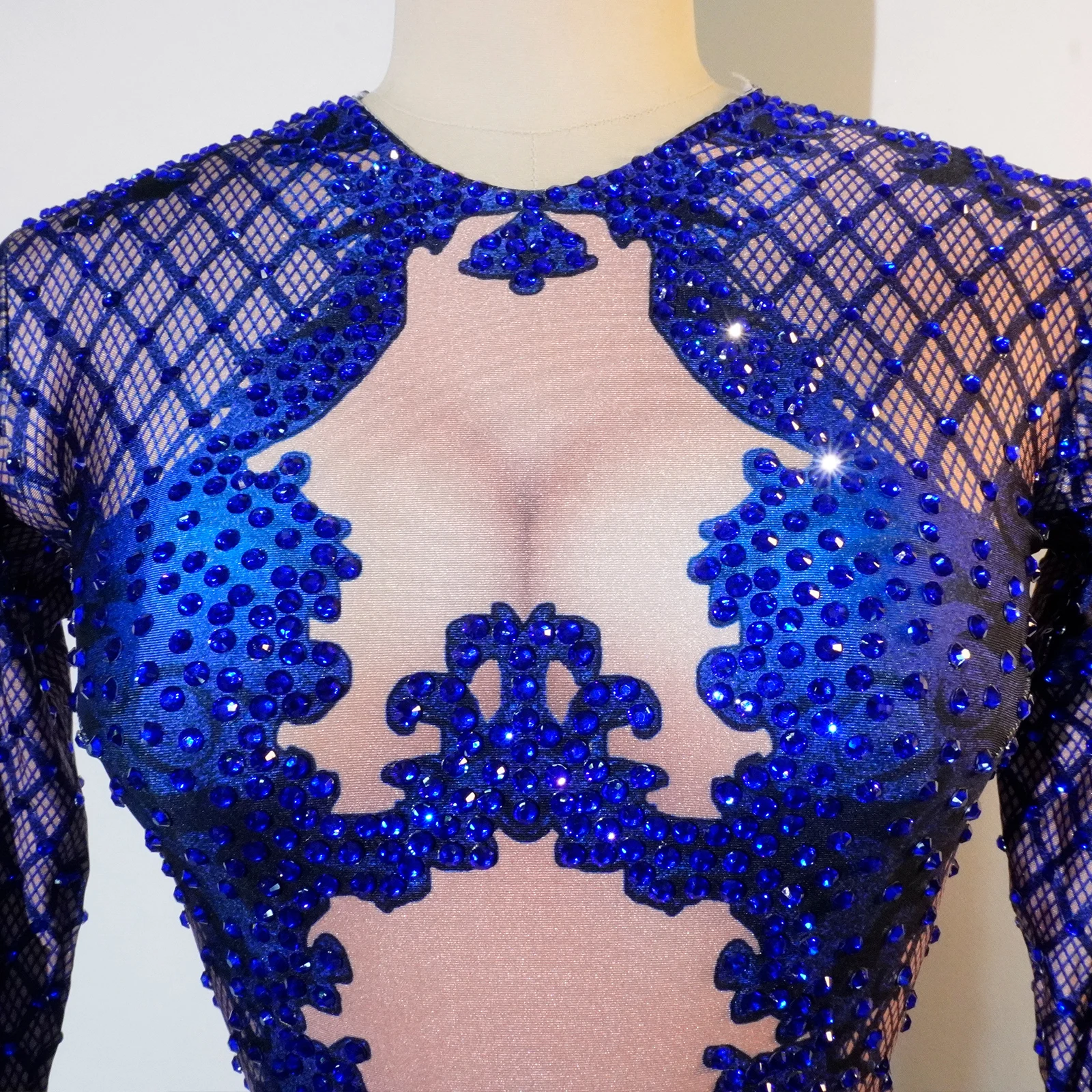 Gogo-Body Sexy con estampado azul para mujer, traje de bailarina con diamantes de imitación, mono de cristal de manga larga para mujer, leotardo de escenario para discoteca, Drag Queen