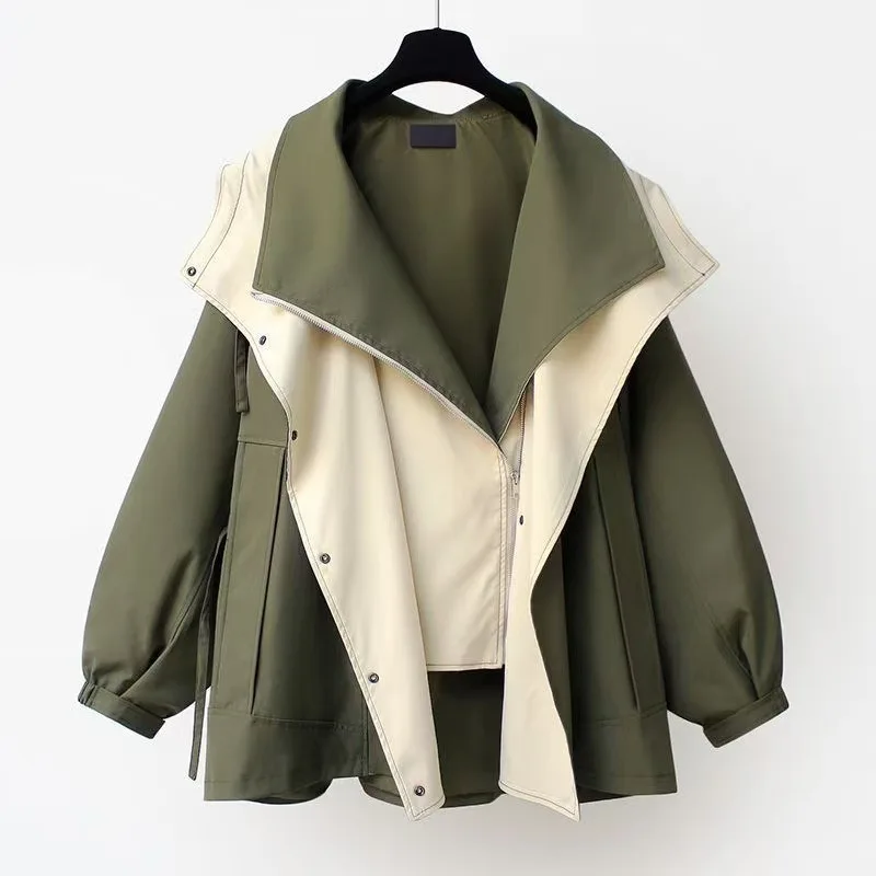 Women's Loose Collar Hooded Windbreaker Coat Zipper Spliced 2026 Autumn New Fashion Outerwear