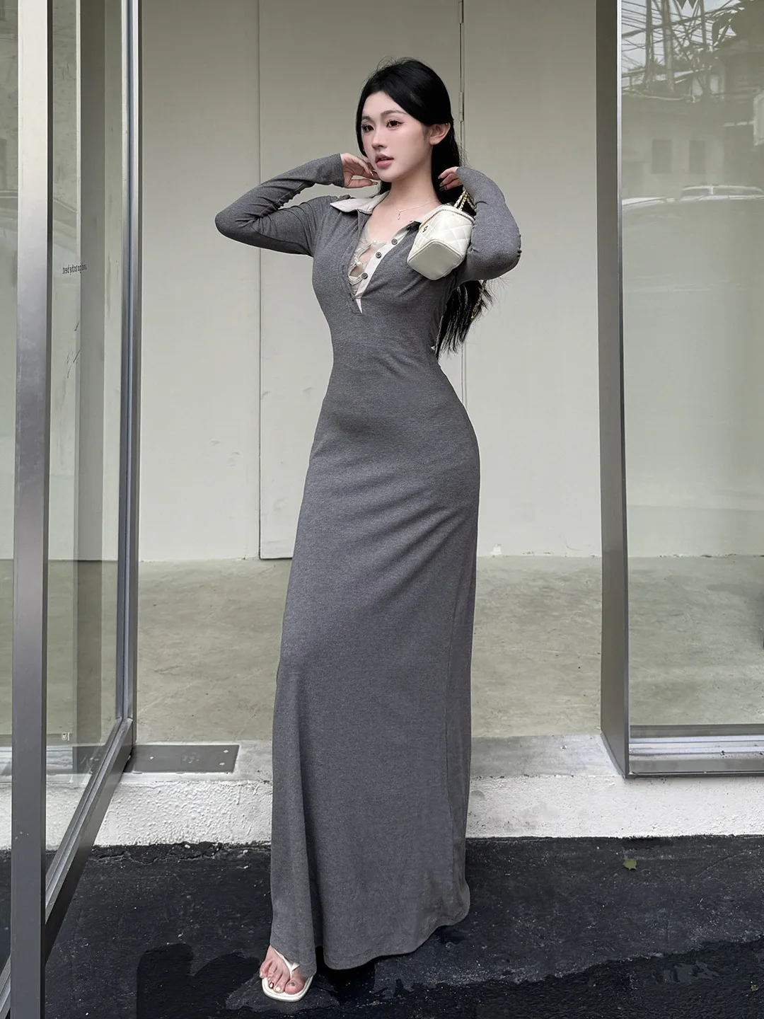 Women's Autumn Casual Long-sleeve T-shirt Midi Dress Gray Fake Two-piece Polo-collar Long-dreses Korean Simple Trendy Apparel