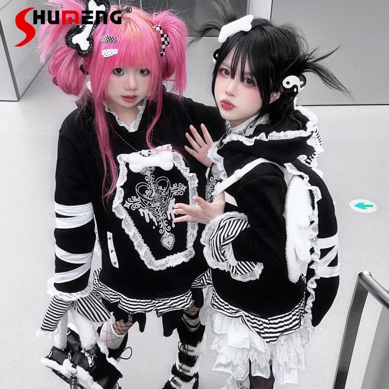 

Japanese Original Subculture Warm Cartoon Ear Tie Sweatshirt Hot Girl Cute Lace Zipper Long Sleeved Loose Hoodies Jacket Ladies