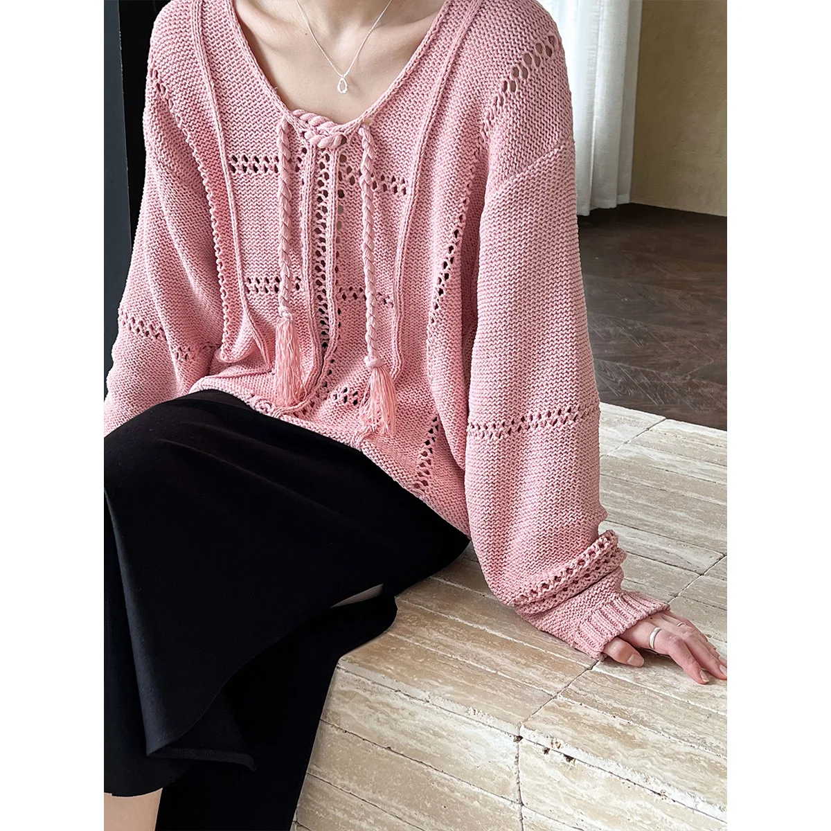 Braided Lace Up Knitted Sweater Top for Women, 2024 Autumn and Winter Hollow Out Lazy Sweet Style Loose Sweater