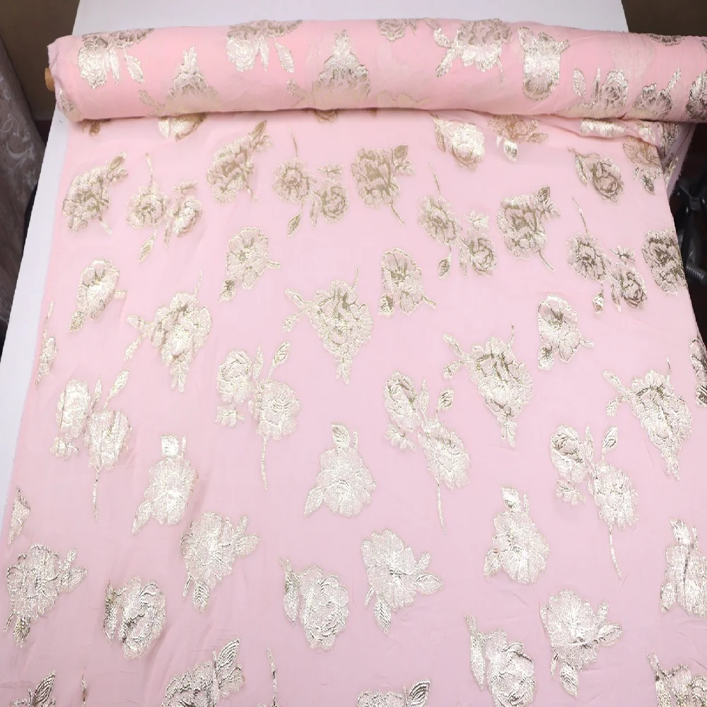 Amazing Fashion Graceful Charming Silk Metallic Fabric Lurex Pink Gold Flowers Charming for Lady Shirt Pants Cover