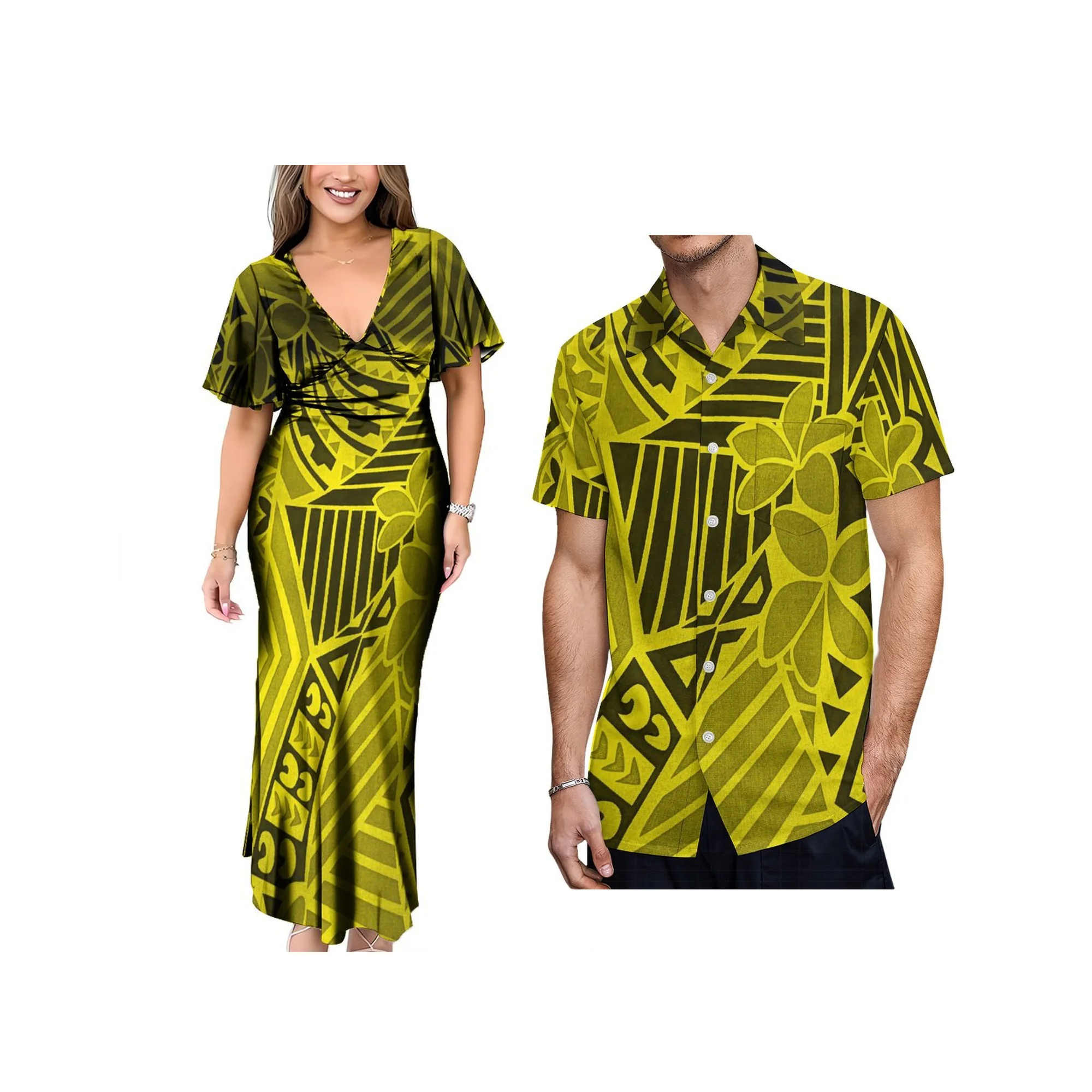 2025年ニューデザインディープVネックレディースバタフライスリーブドレスカスタムトンガプリント大きいサイズアロハメンズシャツカップル服2点セット