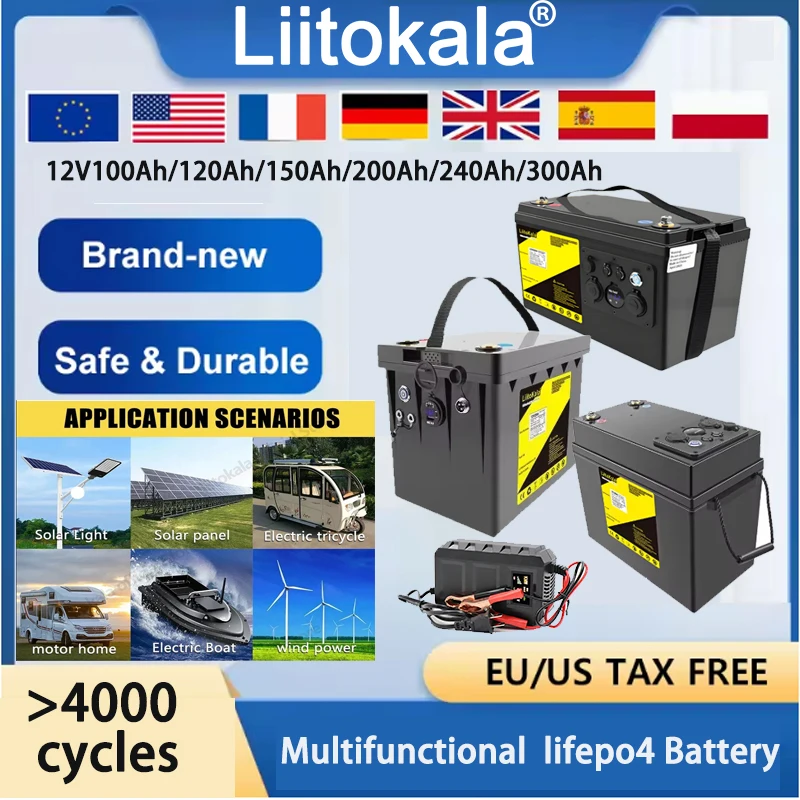 LiitoKala 12V Multifunctional LiFePO4 Battery Packs 100Ah 120Ah 150Ah 200Ah 240Ah 300Ah Built-in 100A BMS
