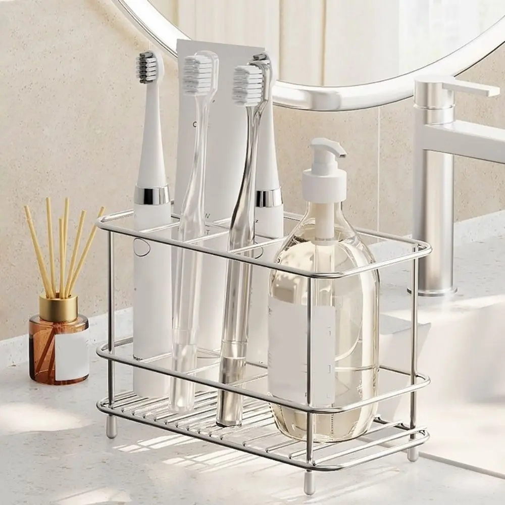 

Stainless Steel Toothbrush Holder Non-Slip Saving Space Toothbrush Toothpaste Shelf Multi-slot Mouthwash Cup Storage Rack