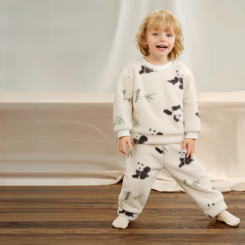 ouyun-kids-winter-pajama-set-single-sided-fleece-warm-sleepwear-long-sleeve-top-pants-2pcs