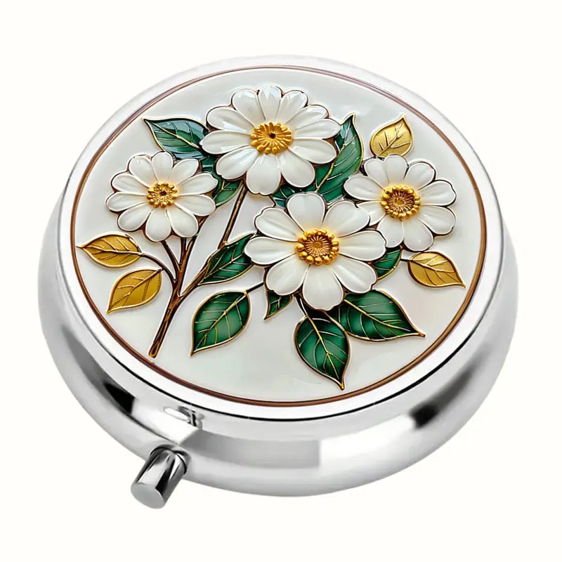 1 Piece (1 Piece Only Sold Here) 1 Piece Floral Round Pill Box - Three-Compartment Plastic and Metal Storage Box, Compact and Portable, Suitable for Flower Lovers