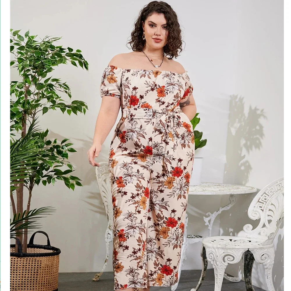 Plus Size Floral Print Elegant Summer Jumpsuits Women Slash Neck Short Sleeve Wide Leg Casual Boho Jumpsuits Large Size 6XL 7XL