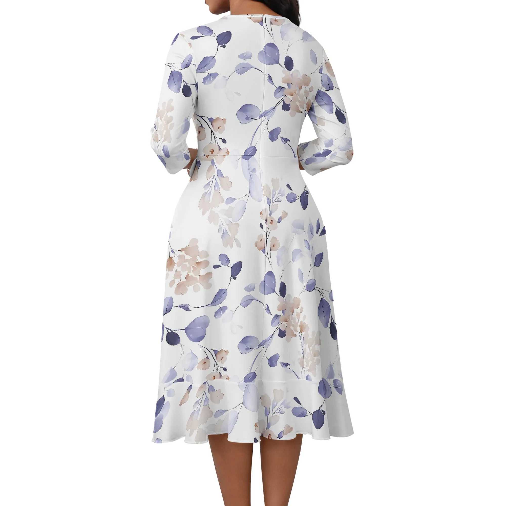 EQQZD 여성용 3/4 슬리브 V 넥 꽃 프린트 드레스, 포켓 및 러플 밑단이 있는 Boho Chic 여름 드레스