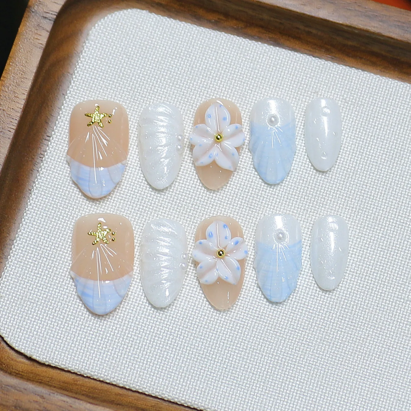 

10pcs French Almond Handmade Press on Nails Flower Pattern 3D Carved Shell Marine Nail Patch Mermaid Removable Fake Nail